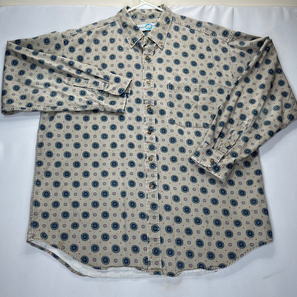 World Island Shirt Mens XL Tan Cotton Twill Medallion Print Button Up Made in Us